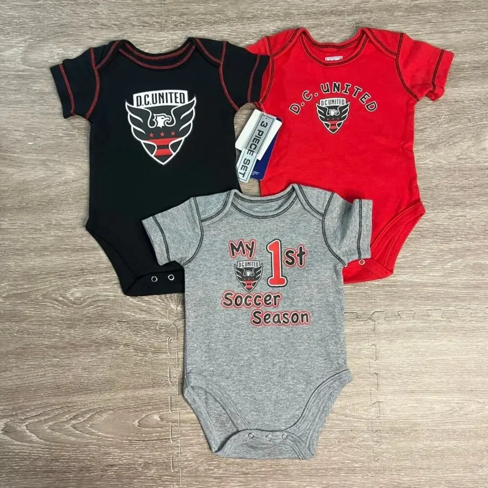 NWT D.C. United Newborn & Infant 3-6 Months 3-Pack Bodysuit Set Black/Red/Gray‎